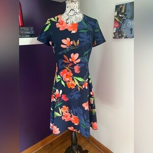 DKNY Navy Blue Dress with Tropical Print
